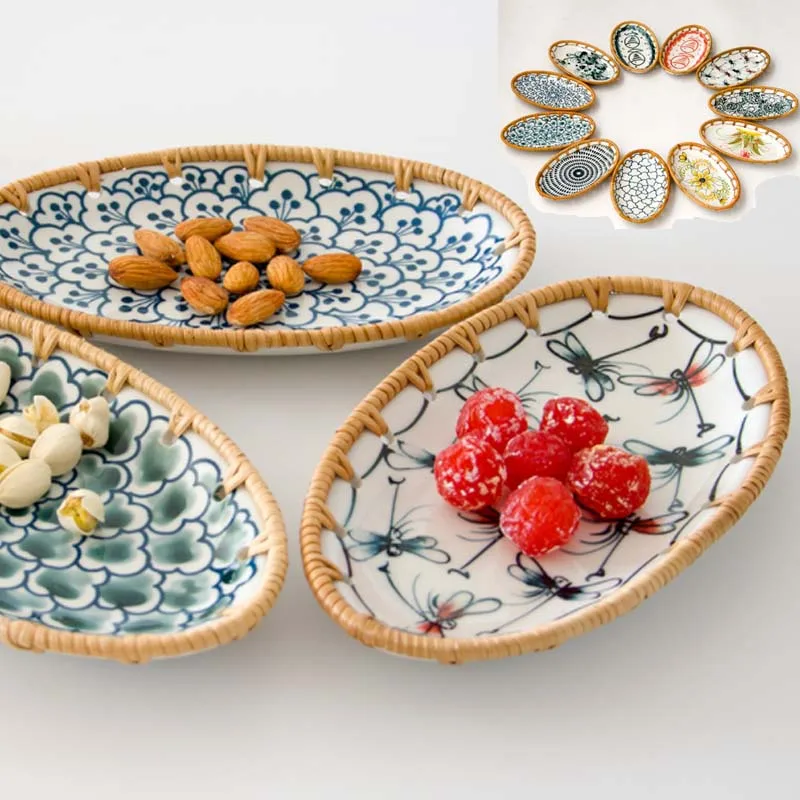 Handmade Weaving Natural Rattan Cane Ceramic Dish Oval Candy Snacks Dried Fruit Storage Plates Home Table Decoration 
Handmade Weaving Natural Rattan Cane Ceramic Dish Oval Candy Snacks Dried Fruit Storage Plates Home Table Decoration
