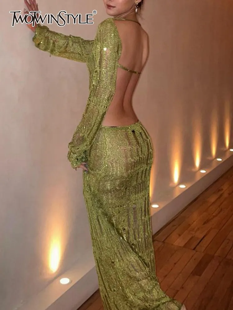 TWOTWINSTYLE Sexy Backless Hollow Out Sheer Knitting Dresses For Women Round Neck Long Sleeve High Waist Slim Dress Female New
TWOTWINSTYLE Sexy Backless Hollow Out Sheer Knitting Dresses For Women Round Neck Long Sleeve High Waist Slim Dress Female New