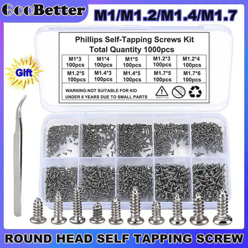 

1000Pcs Small Screw Set M1 M1.2 M1.4 M1.7 Phillips Round Head Self-Tapping Electronic Screws for Repair Kit Laptop Accessories