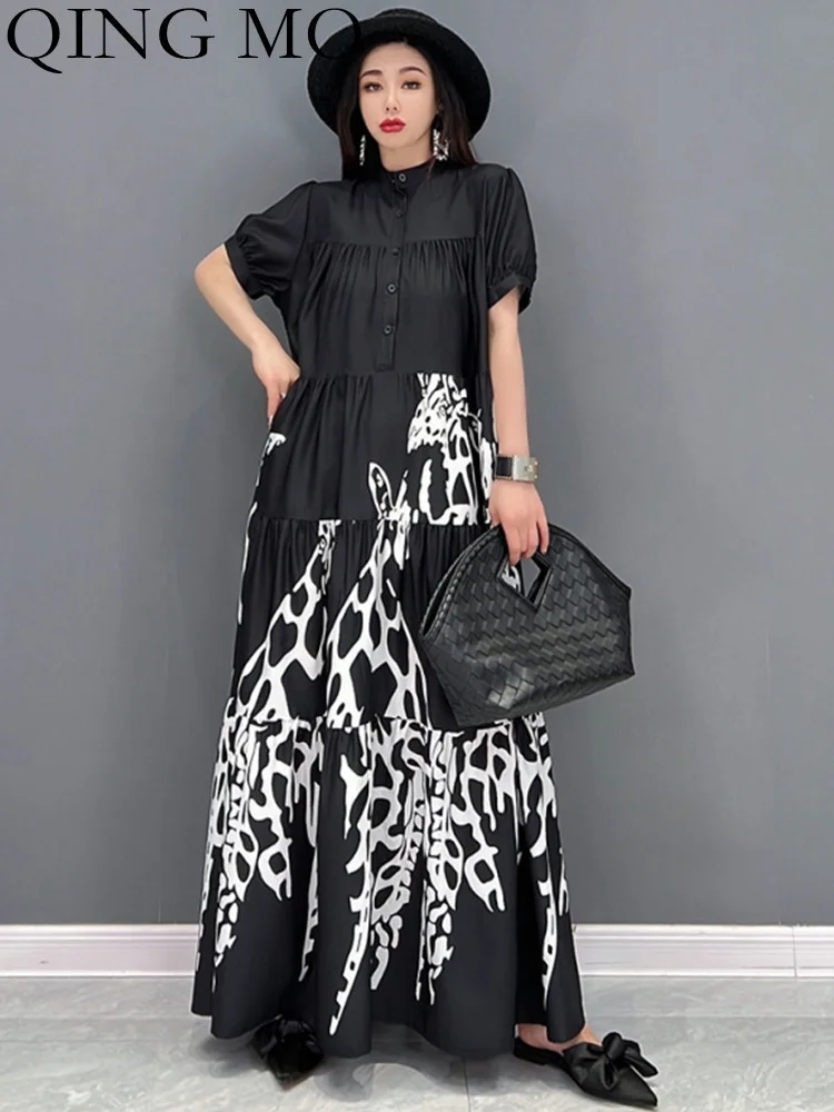 

Женское платье до щиколотки QING MO, повседневное черное облегающее платье с принтом, модель ZXF1040 на весну и лето, 2023