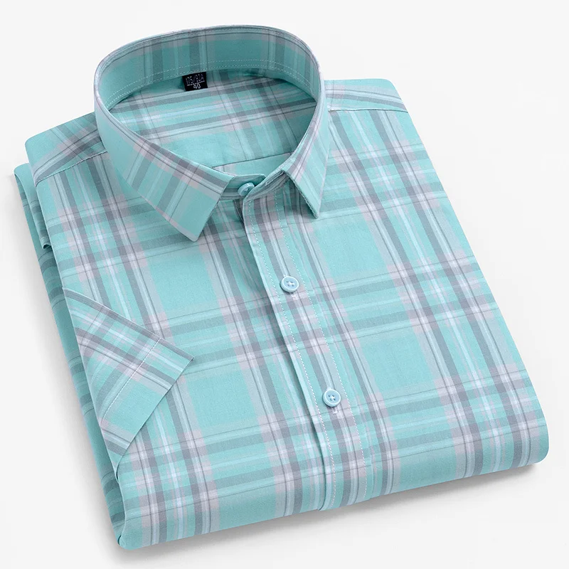 

Męskie bawełniane koszule w kratę, koszule z krótkim rękawem bez kieszeni, standardowe koszule na co dzień, klasyczna