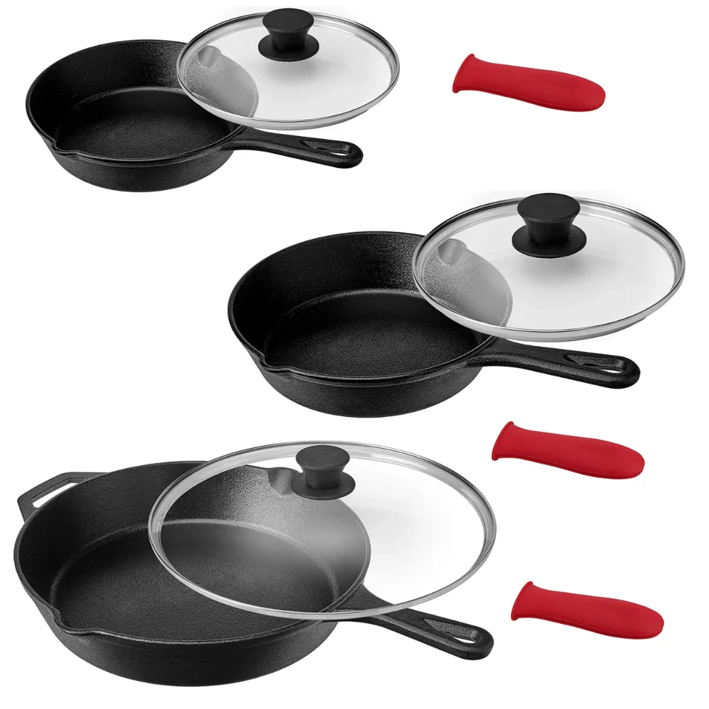 Pre-Seasoned 9 Piece Cast Iron Skillet Set with Lids and Red Silicone Holder kitchen utensils free shipping
Pre-Seasoned 9 Piece Cast Iron Skillet Set with Lids and Red Silicone Holder kitchen utensils free shipping
