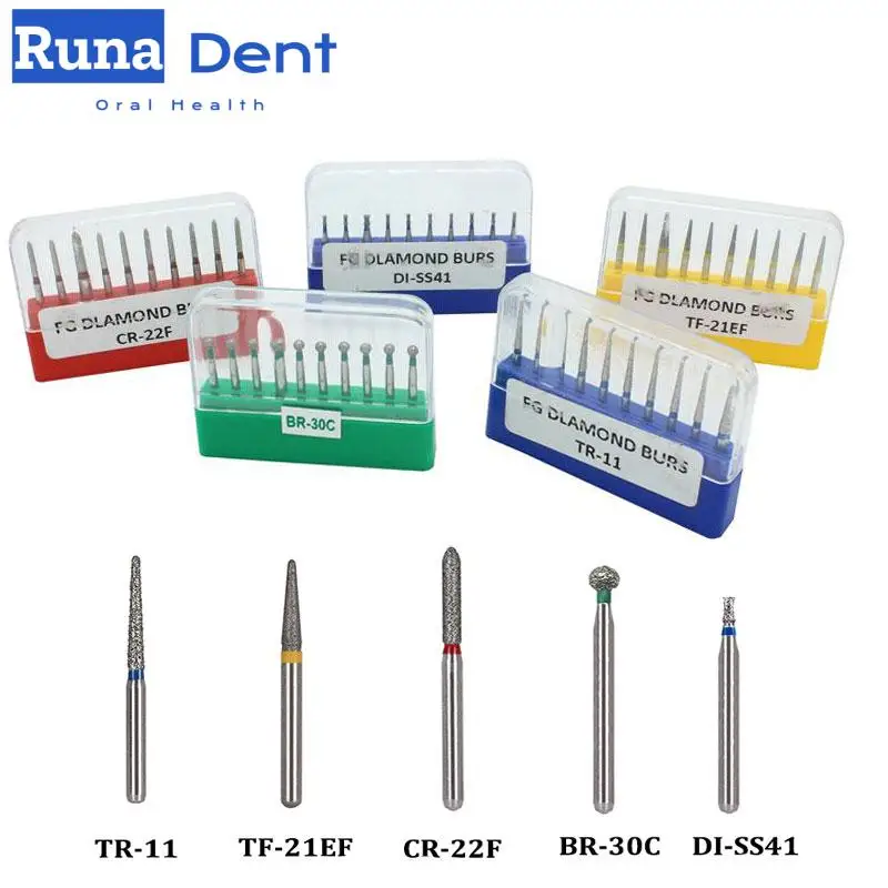 

10Pcs/Box Dental Diamond Burs for High Speed Handpiece Medium FG 1.6MM Dentist Tools Polishing Drills Dental Lab TR TF CR BR DI