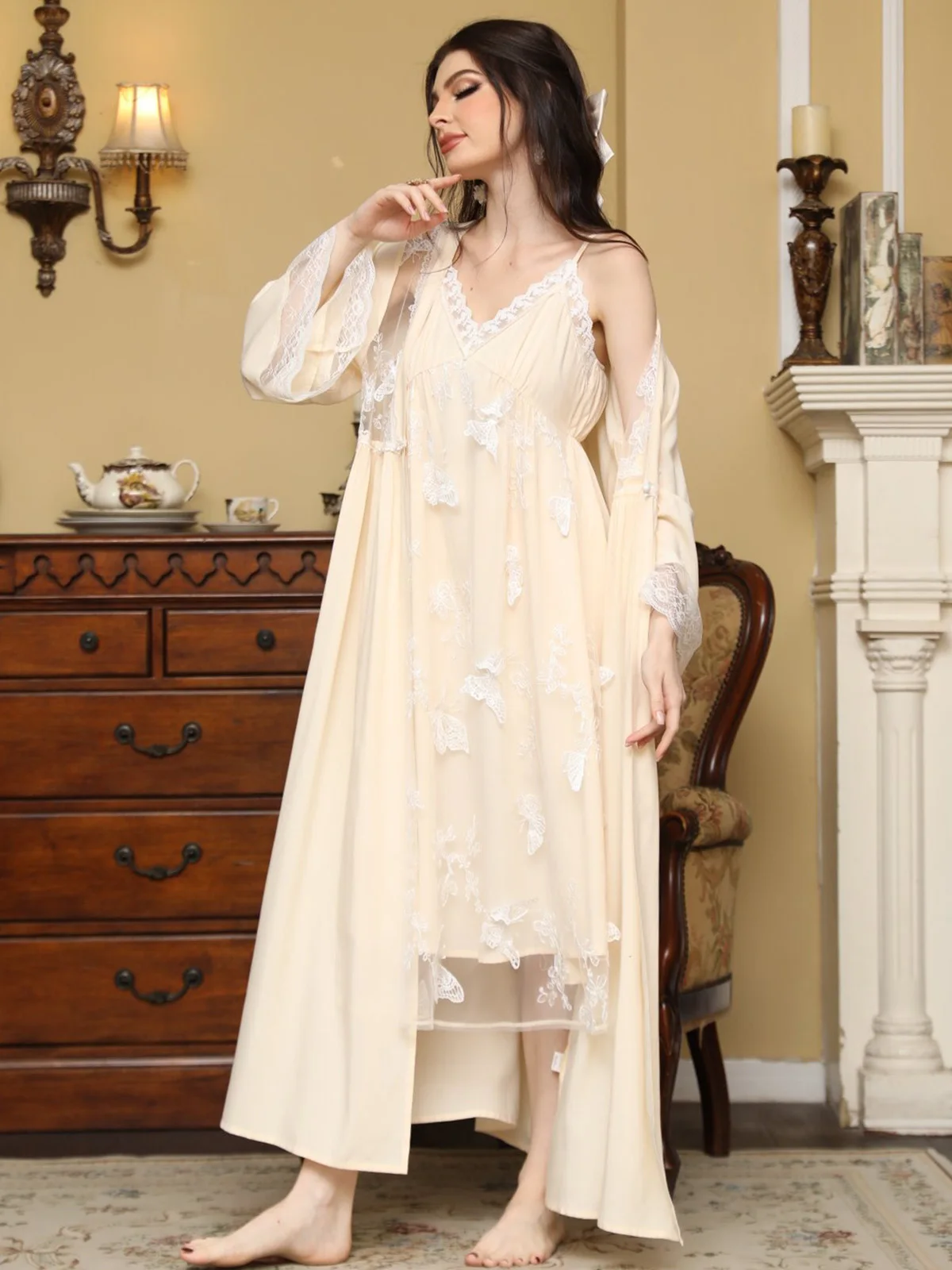 Women Lace Robe Nightdress Two Piece Sets Flare Sleeve Fairy Cotton Mesh Vintage Princess Nightgown Pajama Victorian Sleepwear
Women Lace Robe Nightdress Two Piece Sets Flare Sleeve Fairy Cotton Mesh Vintage Princess Nightgown Pajama Victorian Sleepwear