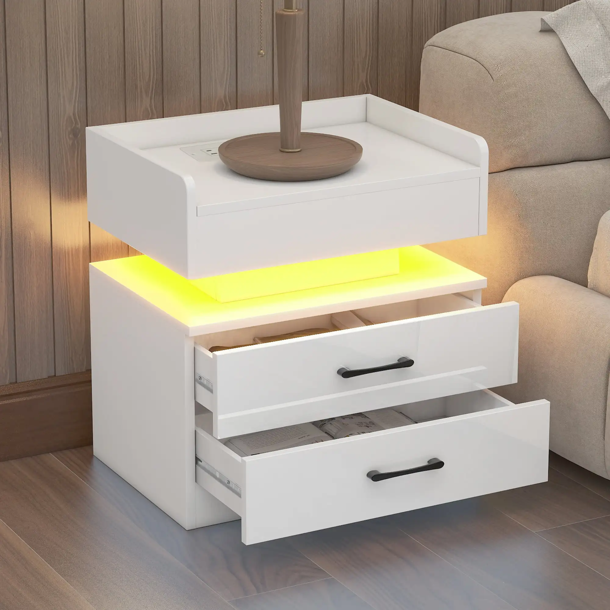 Drawers Nightstand with LED Light, Wireless Charging, Remote Control Light, Wood Bedside Table for Bedroom, Living Room
Drawers Nightstand with LED Light, Wireless Charging, Remote Control Light, Wood Bedside Table for Bedroom, Living Room