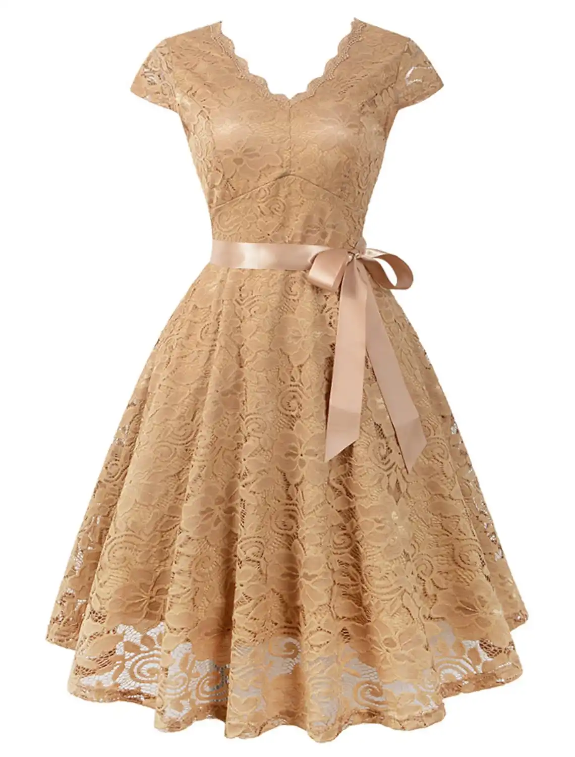 A-Line Lace Vintage Prom Dress Khaki Cocktail Party Wear V Neck V-Back Short Sleeve Knee Length with Sash / Ribbon Pleats
A-Line Lace Vintage Prom Dress Khaki Cocktail Party Wear V Neck V-Back Short Sleeve Knee Length with Sash / Ribbon Pleats