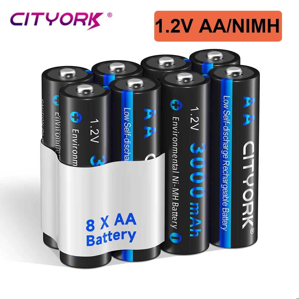 

CITYORK 8PCS AA Rechargeable Batteries 1.2V 3000mAh 2A Ni-MH NiMH AA Rechargeble Battery AA Cell for Camera Toy Car Clock