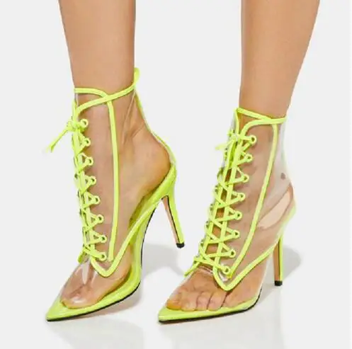 

Флуоресцентные туфли-лодочки с острым носком с перекрестной шнуровкой в стиле пэчворк; Цвет желтый, зеленый; Женские модные прозрачные тонкие туфли из пвх; Размер 48