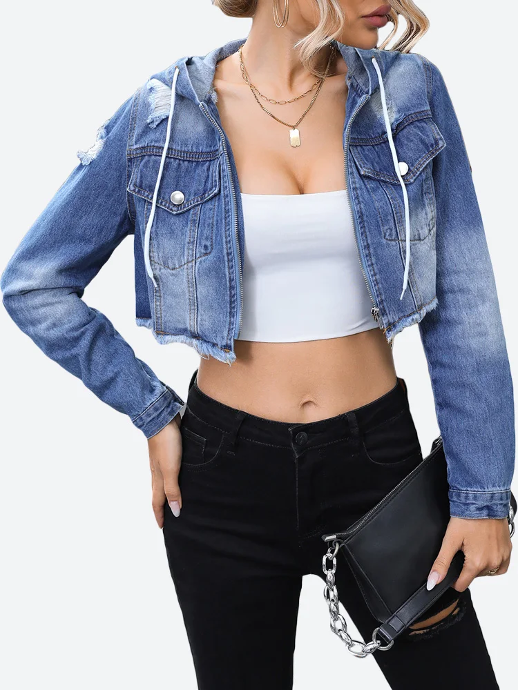 Benuynffy Drawstring Hooded Raw Hem Cropped Jean Coat Women Spring Fall Casual Streetwear Ripped Long Sleeve Zip Up Denim Jacket
Benuynffy Drawstring Hooded Raw Hem Cropped Jean Coat Women Spring Fall Casual Streetwear Ripped Long Sleeve Zip Up Denim Jacket