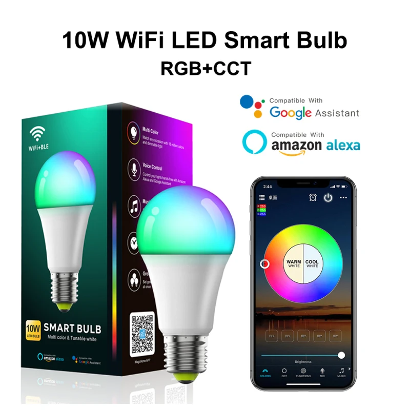 Wifi Smart Light Bulb E27 10W AC190-240V Lamp RGB+CCT Color Changing Dimmable LED Light Voice Control Via Alexa Google Home
Wifi Smart Light Bulb E27 10W AC190-240V Lamp RGB+CCT Color Changing Dimmable LED Light Voice Control Via Alexa Google Home