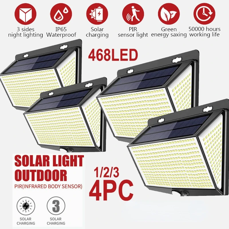 Solar Lights Outdoor 4PC 468LED PIR Motion Sensor IP65 Waterproof Outdoor LED Wall Light Lighting Street Lights
Solar Lights Outdoor 4PC 468LED PIR Motion Sensor IP65 Waterproof Outdoor LED Wall Light Lighting Street Lights