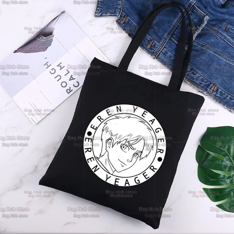 

Anime AOT Season Final Attack on Titan Eren Jaeger Canvas Tote Bag for Eco Reusable Shopper Bags Ladies Black Casual Bag