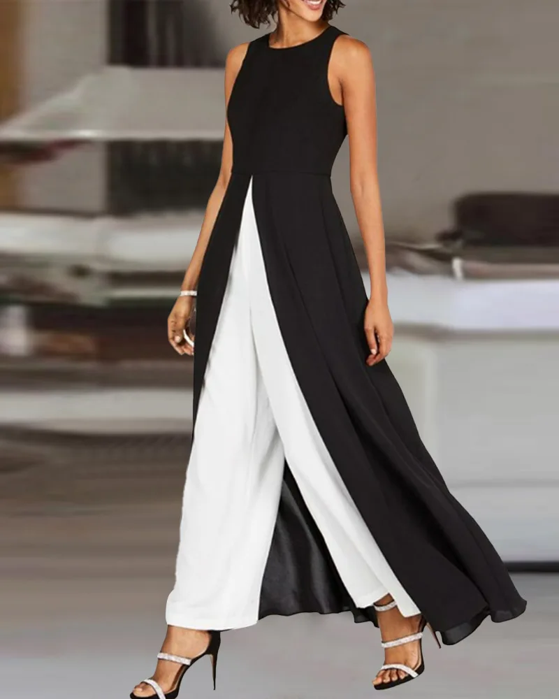 

Colorblock Patchwork Asymmetrical Ruched Jumpsuit Women Sleeveless O Neck High Waist Long Pants Jumpsuits Overall