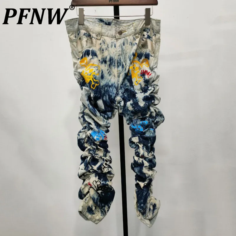 

PFNW Spring Autumn New Men's Denim Jeans Print Spliced Tie Dyed Punk Style Streetwear Leisure Trendy Straight Slim Pants 28A0636