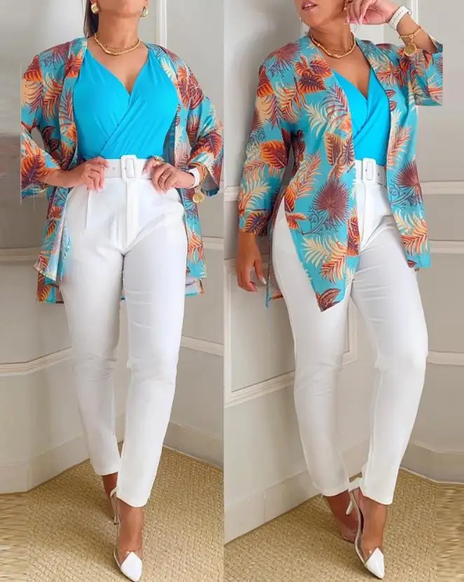 

Casual 3 Piece Sets Womens Outfits Fashion Wrap V-Neck Cami Top & Belted Pants Set With Tropical Print Ladies Blouse Suit Set