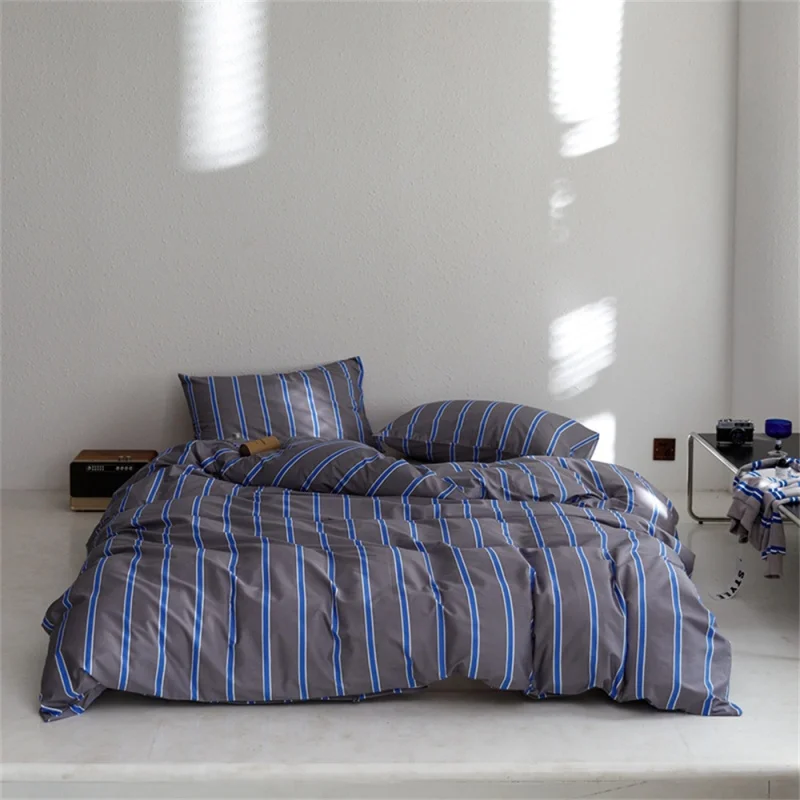 

Svetanya Nordic Grey Blue Lines Stripes Duvet Cover Set Cotton Queen King Size Bedding Set Bedlinens Fitted Sheet Pillow Cases