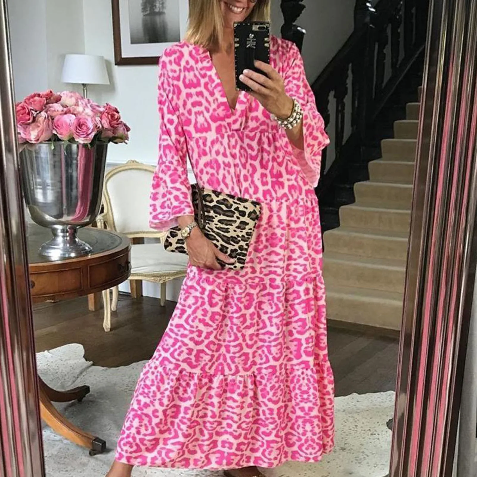 

Summer Leopard Printing Women Boho Beach Maxi Dress Bell Sleeve Flowy Swing Shift Dress Sexy V-Neck Loose Long Dress