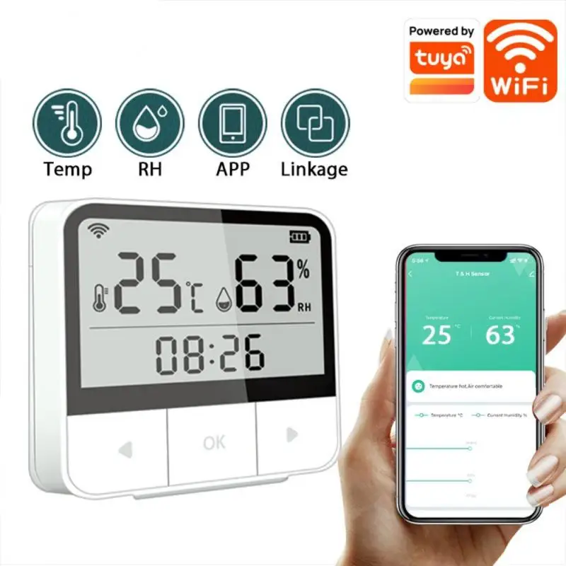 

С ЖК-дисплеем, длительный срок службы батареи, внутренний гигрометр, удаленный мониторинг температуры и влажности, датчик Wi-Fi Tuya, термометр