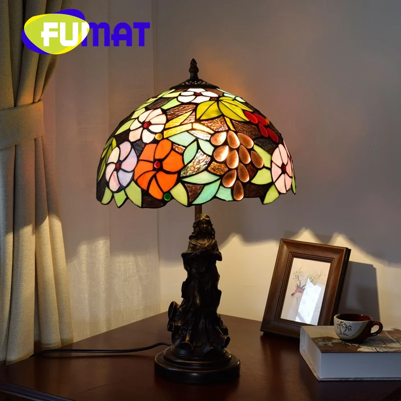 

FUMAT Пастораль Tiffany в стиле ретро, в стиле винограда, в стиле арт-деко, для гостиной, столовой, спальни, прикроватная лампа, простая настольная лампа из витражного стекла