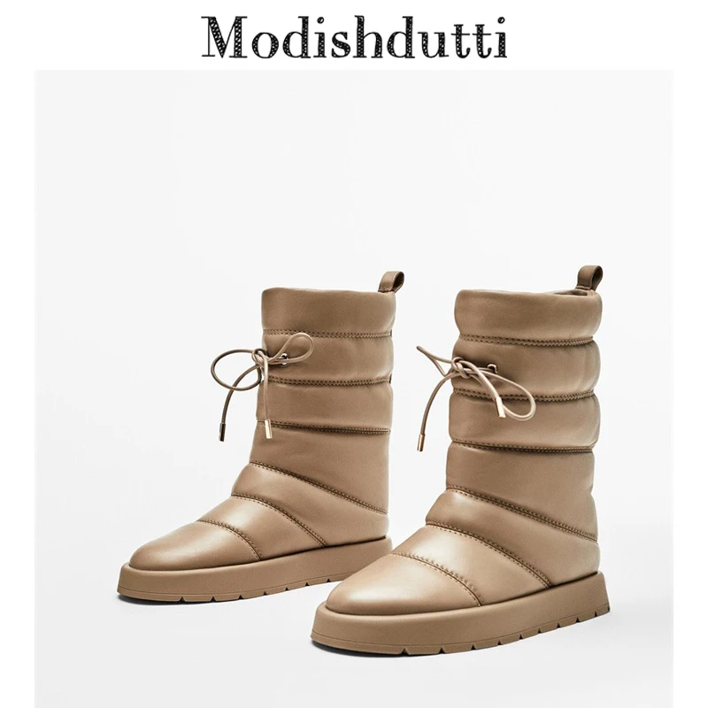 

Modishdutti 2023 Women Winter Thick Warm Fashion Genuine Leather Flat Snow Boots Casual Solid Simple Lacing Shoes Female