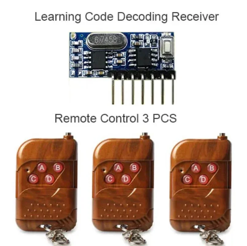 3pcs 433Mhz Remote Control and 1pcs 433 Mhz Wireless Receiver Learning Code 1527 Decoding Module 4Ch output With Learning Button
3pcs 433Mhz Remote Control and 1pcs 433 Mhz Wireless Receiver Learning Code 1527 Decoding Module 4Ch output With Learning Button