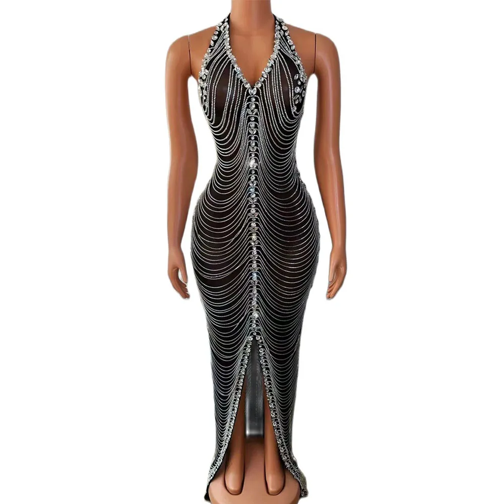 Sexy Black Sparkly Full Chains Silver Rhinestones Transparent Dress Evening Birthday Celebrate Costume Sleeveless Club Dress
Sexy Black Sparkly Full Chains Silver Rhinestones Transparent Dress Evening Birthday Celebrate Costume Sleeveless Club Dress