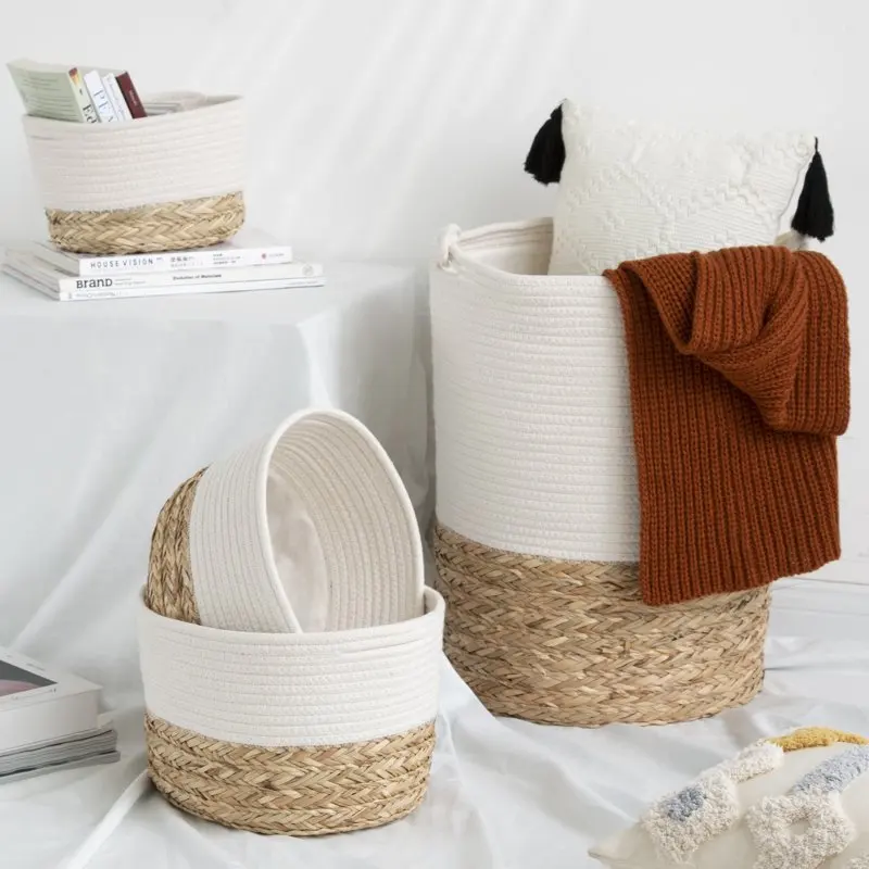 Laundry Baskets Set, Cotton Rope & Cattail Grass Woven Laundry Clothes Hampers, White
Laundry Baskets Set, Cotton Rope & Cattail Grass Woven Laundry Clothes Hampers, White