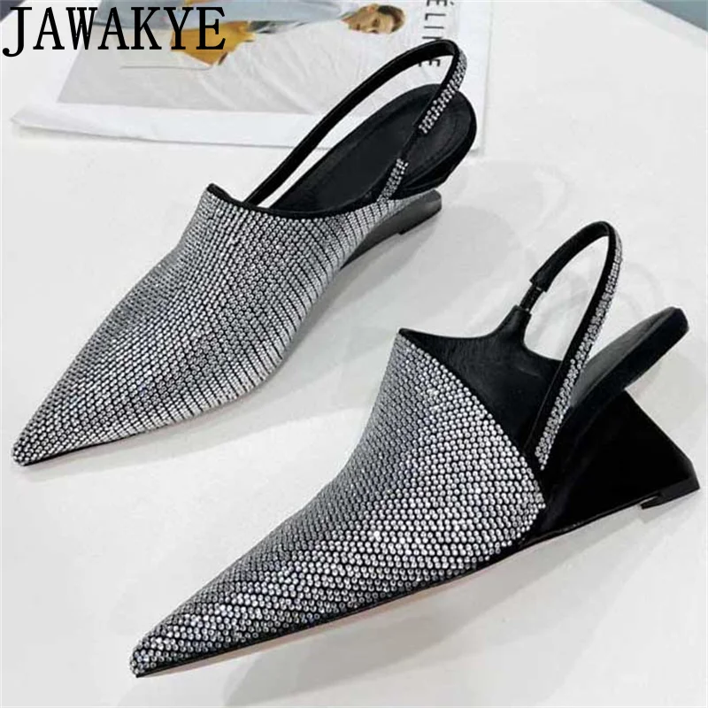 

Sexy Women Formal Dress Wedges Heel Shoes Crystal Sandals Pointy Toe Slingback Pumps Shoes Rhinestone Runway Party Shoes Mujer