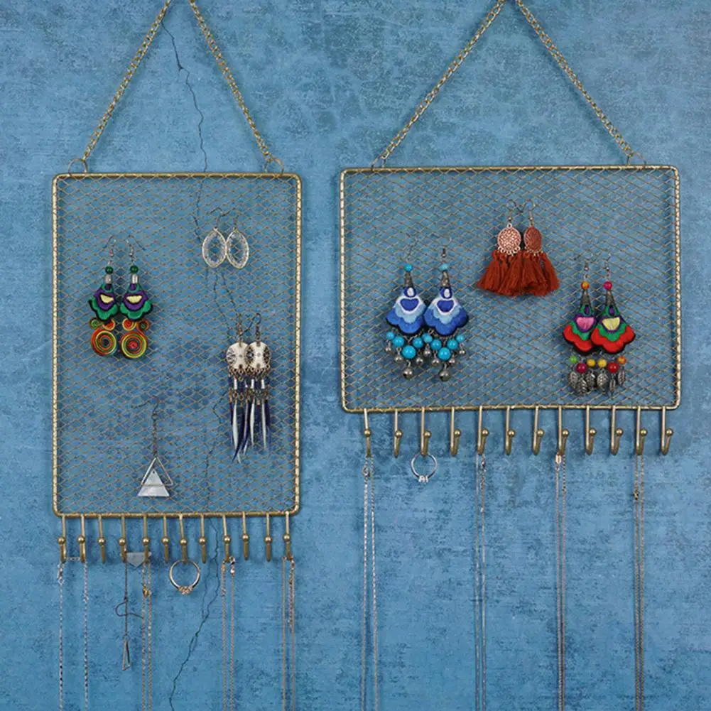 Practical Earring Organizer Durable Metal Chain Metal Grid Wall Hanging Earring Ring Necklace Display Rack Space-saving
Practical Earring Organizer Durable Metal Chain Metal Grid Wall Hanging Earring Ring Necklace Display Rack Space-saving