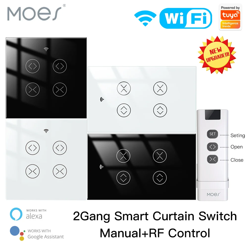 Переключатель для штор MoesHouse Tuya Smart Life двухклавишный с Wi-Fi RF роллерных затворов