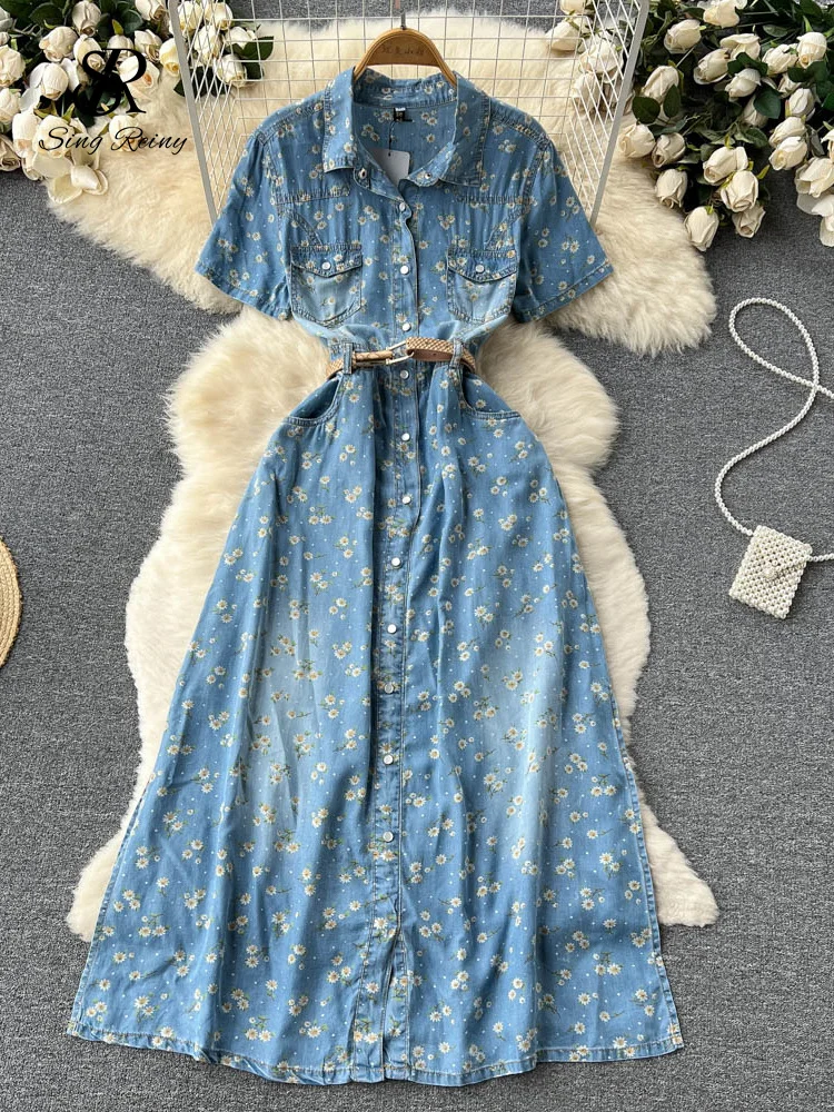 SINGREINY Floral Denim Dress Women Single Breasted Summer 2022 Lapel Slim Sashes Retro Fashion Ladies A line Long Dresses
SINGREINY Floral Denim Dress Women Single Breasted Summer 2022 Lapel Slim Sashes Retro Fashion Ladies A line Long Dresses