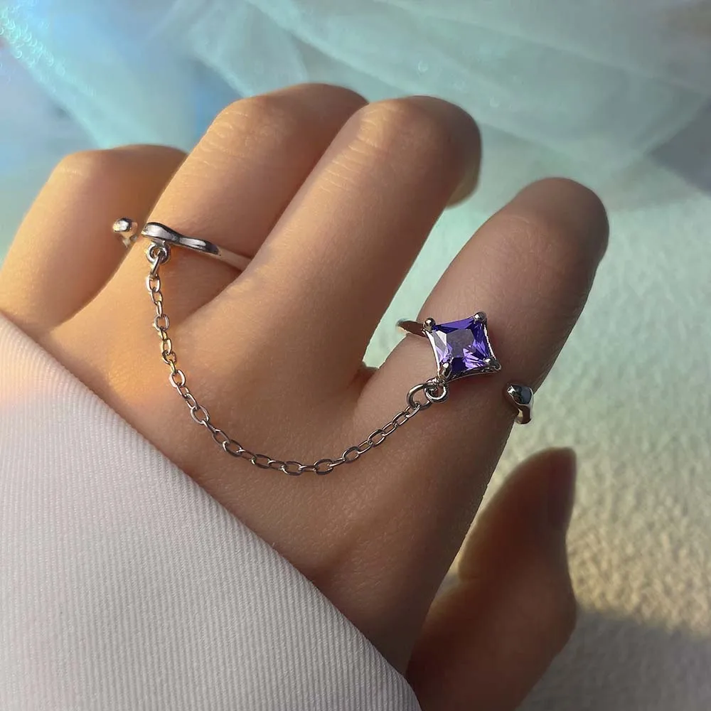 

Rundraw Women Light Purple Chain Zircon Ring Fashion Silver Plated Adjustable Rings Party Jewelry Gift Anillos Mujer