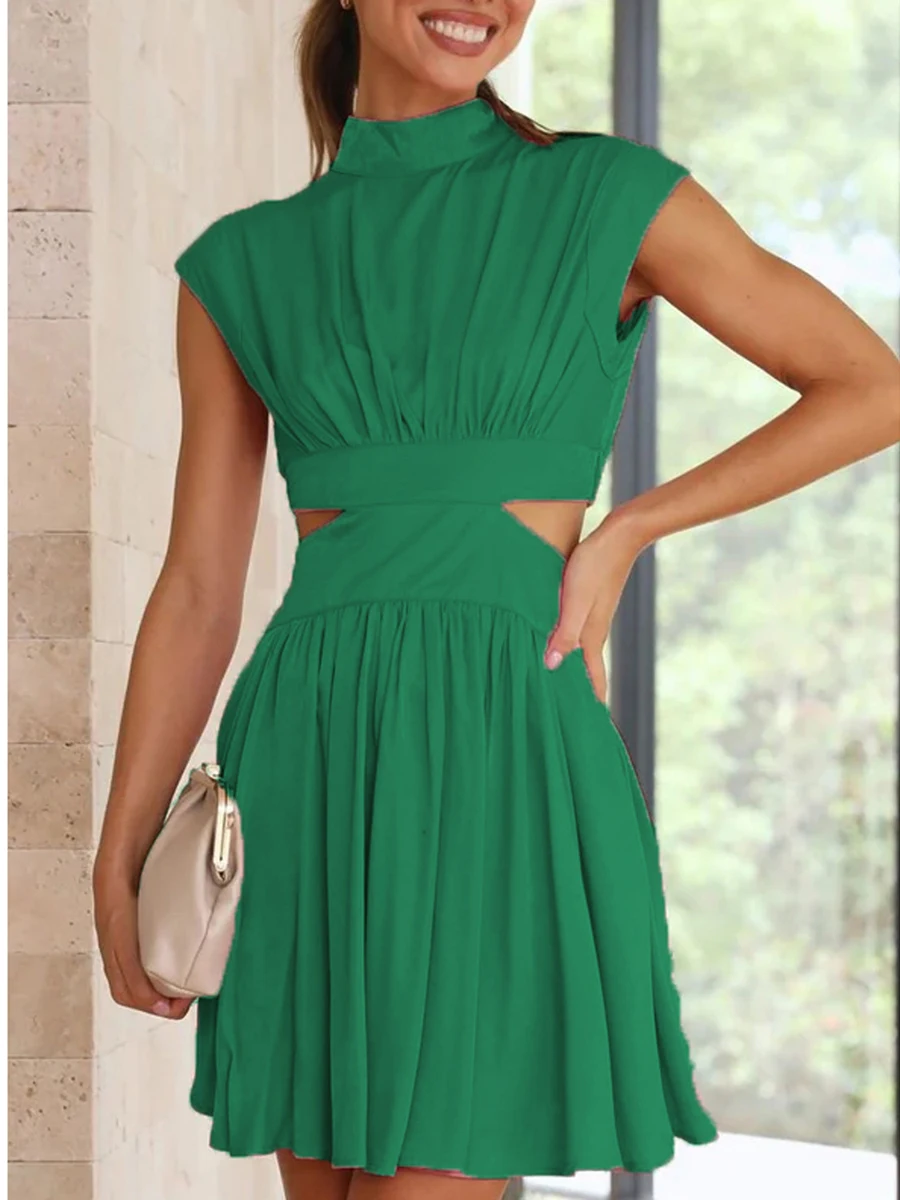 

Elegant Solid Color A-Line Dress with Stand Collar and Ruched Details Perfect for Cocktail Parties and Club Nights Featuring