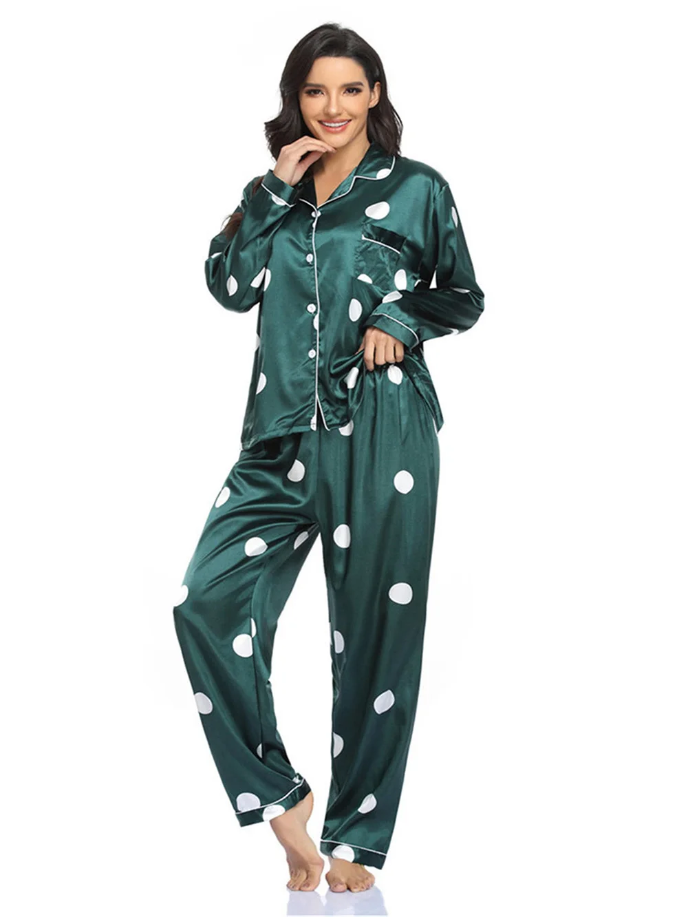 

Elegant Women Satin Pajamas Polka Dot Print Button Down Sleepwear Long Sleeve&Pants Loungewear Sexy Lingerie Nightwear PJ Set