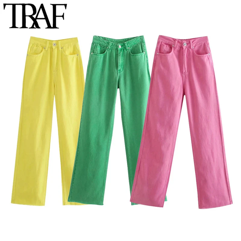 

Traf moda feminina chique cinco bolsos coloridos calça de brim de perna larga vintage cintura alta com zíper voar calças de brim