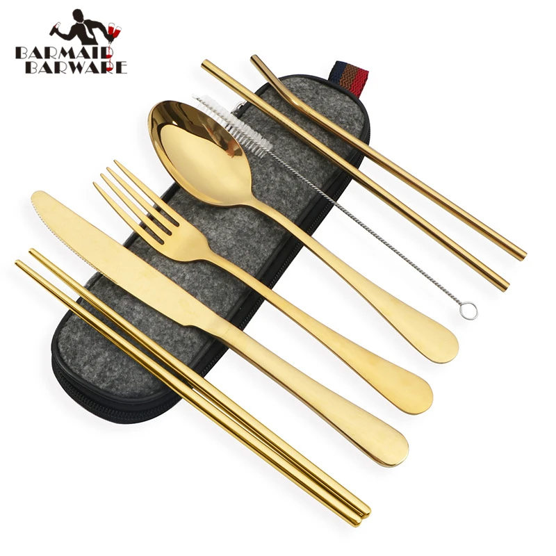 

8pcs/set Tableware Reusable Travel Cutlery Set Camp Utensils Set with stainless steel Spoon Fork Chopsticks Straw Portable Case