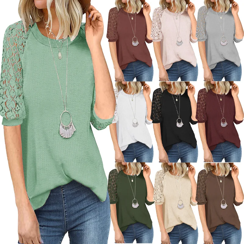 2022 Summer Womens Clothing Solid Color Loose Lace Hollow-out Stitching Short Sleeve Pullover Crew Neck Casual T-shirt Top
2022 Summer Womens Clothing Solid Color Loose Lace Hollow-out Stitching Short Sleeve Pullover Crew Neck Casual T-shirt Top