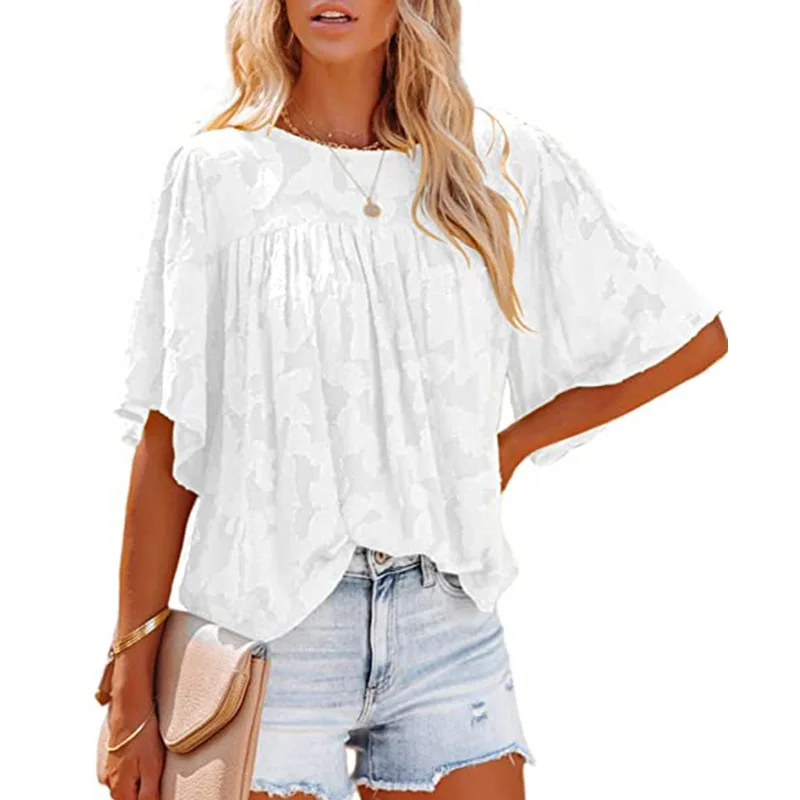 

YingShiTongEurope And The United States Women's Wear The New Summer 2022 Lace Hollow Out Chiffon Shirt Horn Sleeve Doll