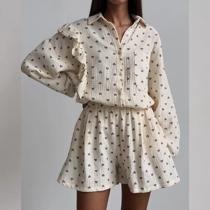 New Autumn Button Collar Shirts Top & Loose Shorts Suit Elegant Long Sleeve Women Two Piece Set Casual Love Ruffles Outfits Set
New Autumn Button Collar Shirts Top & Loose Shorts Suit Elegant Long Sleeve Women Two Piece Set Casual Love Ruffles Outfits Set