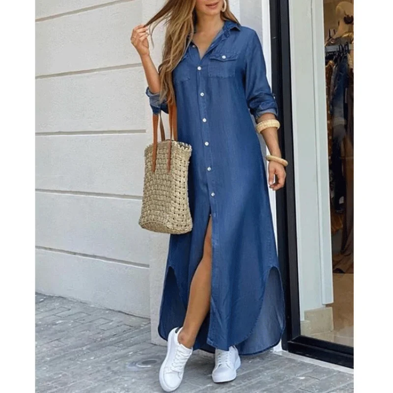 Women Fashion Casual Long Denim Shirt Dress Female Long Sleeve Turn Down Collar Pocket Loose Ankle Length Dress
Women Fashion Casual Long Denim Shirt Dress Female Long Sleeve Turn Down Collar Pocket Loose Ankle Length Dress