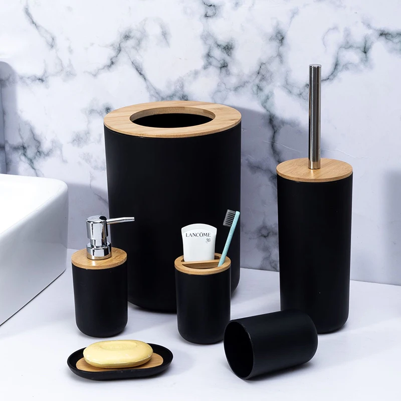 ELOSSA 6 Pieces Bamboo Room Set Toothbrush Holder Toilet Brush Garbage Can Soap Dispenser Home Bathroom Accessories Set
ELOSSA 6 Pieces Bamboo Room Set Toothbrush Holder Toilet Brush Garbage Can Soap Dispenser Home Bathroom Accessories Set