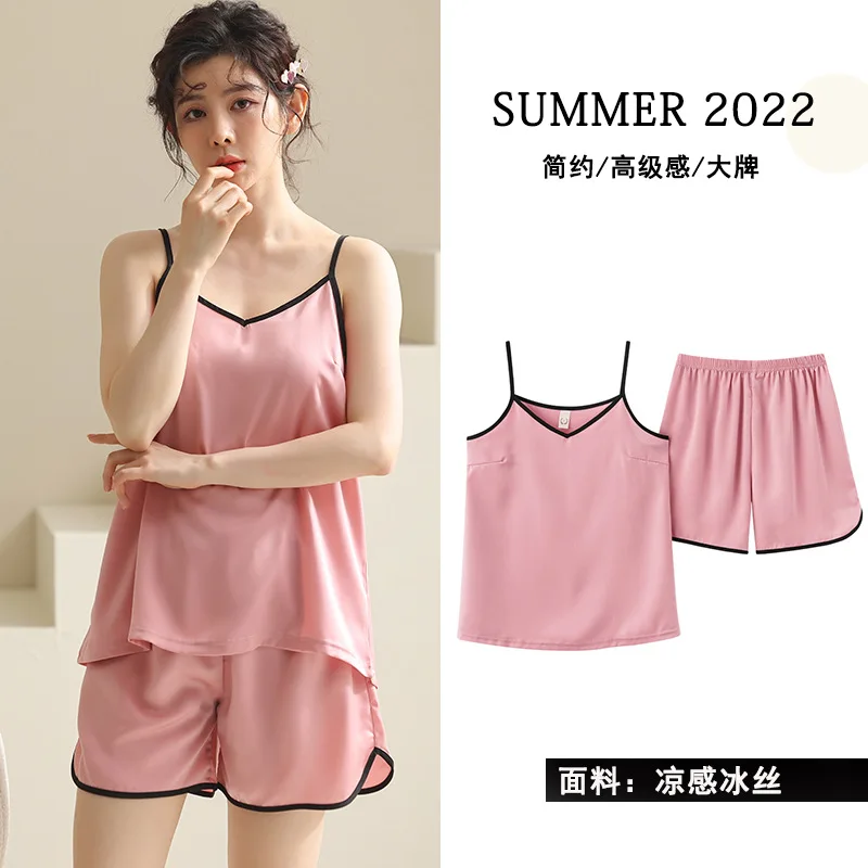 Summer Sleeveless Pajamas Women's Sling Pyjamas Two-pieces Sleepwear Set Homewear Satin Loungewear Suit Pijama Chiffon Freeship 
Summer Sleeveless Pajamas Women's Sling Pyjamas Two-pieces Sleepwear Set Homewear Satin Loungewear Suit Pijama Chiffon Freeship