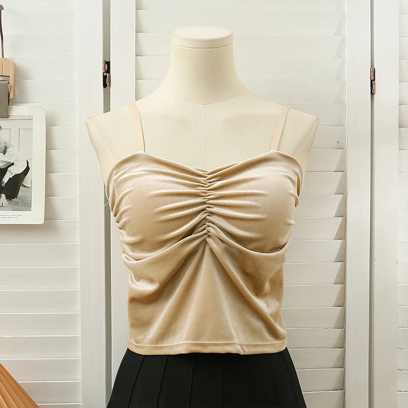 Women Pleuche Tank Top Folds Camis Vintage Elastic Vest Spring Summer Crop Tops V Neck Sleeveless Corset With Chest Pad Bustiers
Women Pleuche Tank Top Folds Camis Vintage Elastic Vest Spring Summer Crop Tops V Neck Sleeveless Corset With Chest Pad Bustiers