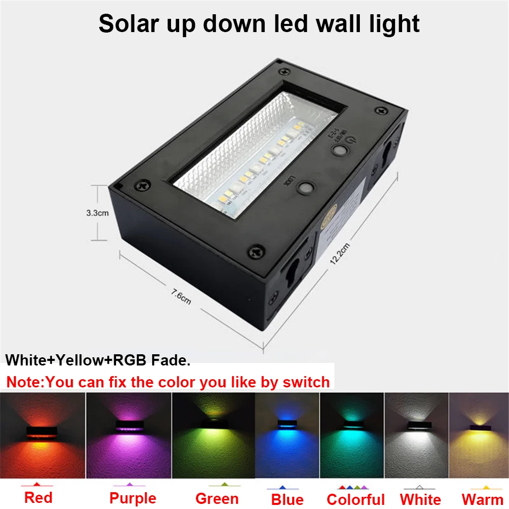 Aluminium Solar Wall Light Up and Down 18LED 2 Emitting Color Mode Outdoor Wall Mount Solar Lamp for Patio Garden Decoration
Aluminium Solar Wall Light Up and Down 18LED 2 Emitting Color Mode Outdoor Wall Mount Solar Lamp for Patio Garden Decoration