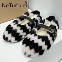 2023 Autumn Winter New In furry Cute High Quality Lamb Wool Flat Cotton Shoes Light Shallow Mixed-Color Sweet Women Peas Shoes
