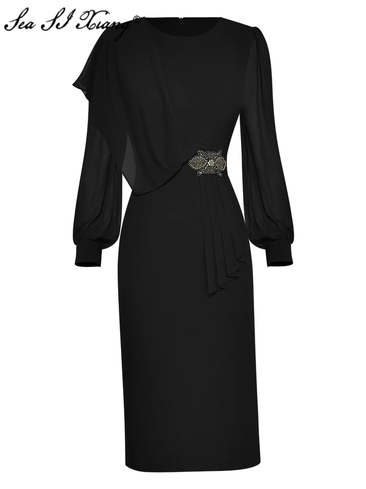 Seasixiang Fashion Designer Autumn Pencil Dress Women O-Neck Lantern Sleeve Ruffles Crystal Beading Office Lady Solid Dresses
Seasixiang Fashion Designer Autumn Pencil Dress Women O-Neck Lantern Sleeve Ruffles Crystal Beading Office Lady Solid Dresses