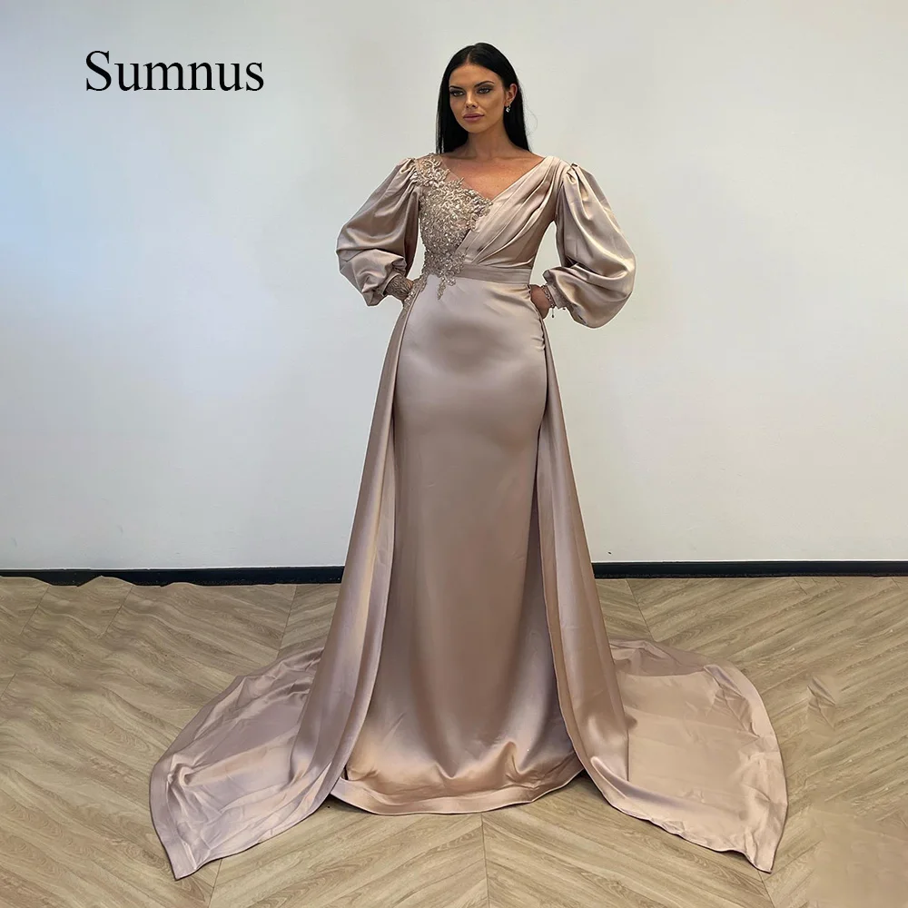 

Sumnus Saudi Arabia Mermaid Evening Dresses Full Sleeve Appliques V Neck Satin Long Dubai Formal Prom Event Gowns With Train