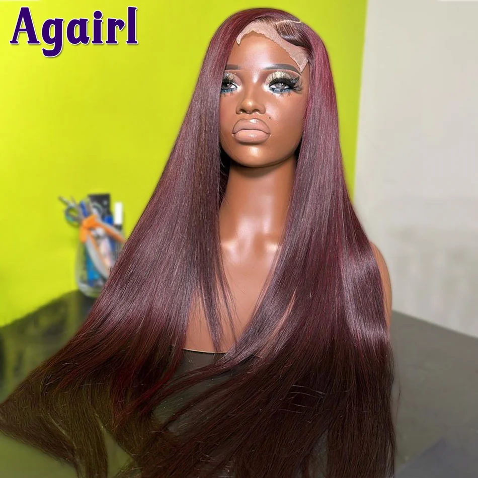

Dark 99J Bone Straight 13x6 Lace Frontal Human Hair Wigs Red Burgundy Glueless 13X4 Lace Front Wig Peruvian Colored 4X6 Lace Wig