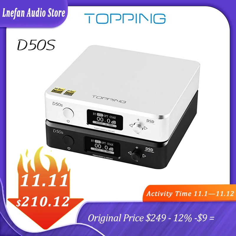 

TOPPING D50S Audio DAC ES9038Q2M*2 CSR8675 Bluetooth 5.0 LDAC Hi-Res Decoder USB XMOS XU208 DSD512 32Bit 768KHz HiFi Decoding