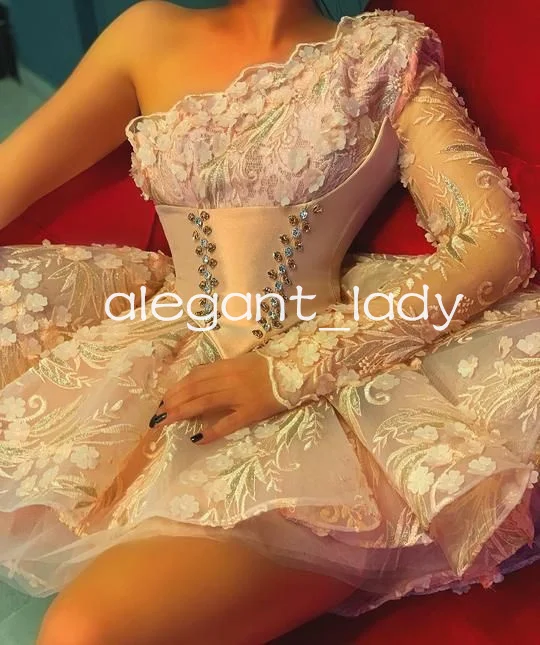 Champagne Pink One Shoulder Short Prom Birthday Dresses Long Sleeve Lace Floral Puffy Mini Evening Homecoming Graduation Gown 
Champagne Pink One Shoulder Short Prom Birthday Dresses Long Sleeve Lace Floral Puffy Mini Evening Homecoming Graduation Gown